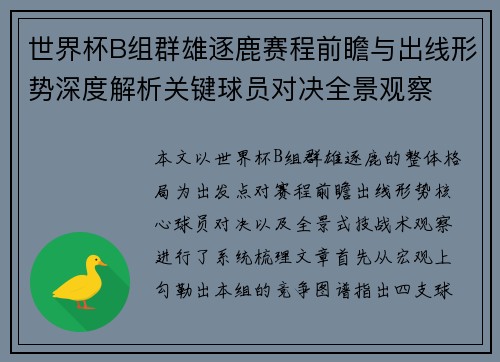 世界杯B组群雄逐鹿赛程前瞻与出线形势深度解析关键球员对决全景观察 世界杯B组群雄逐鹿赛程前瞻与出线形势深度解析关键球员对决全景观察