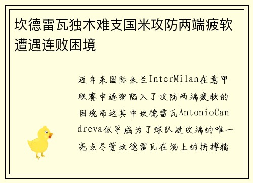 坎德雷瓦独木难支国米攻防两端疲软遭遇连败困境